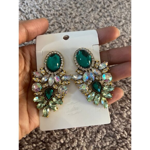 Big green earrings large Green stud Ab gold studs rhinestone crystal sparkling - Picture 2 of 3